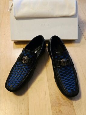 Like-new Versace Men’s Classic Medusa Loafers with Blue & Black Woven Pattern